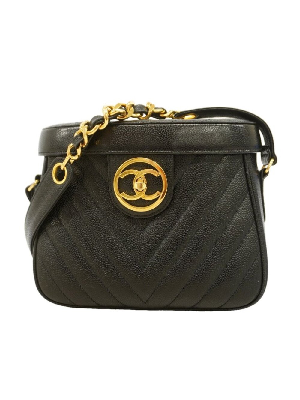 Chanel Shoulder Bag V-stitch Caviar Leather Black Gold